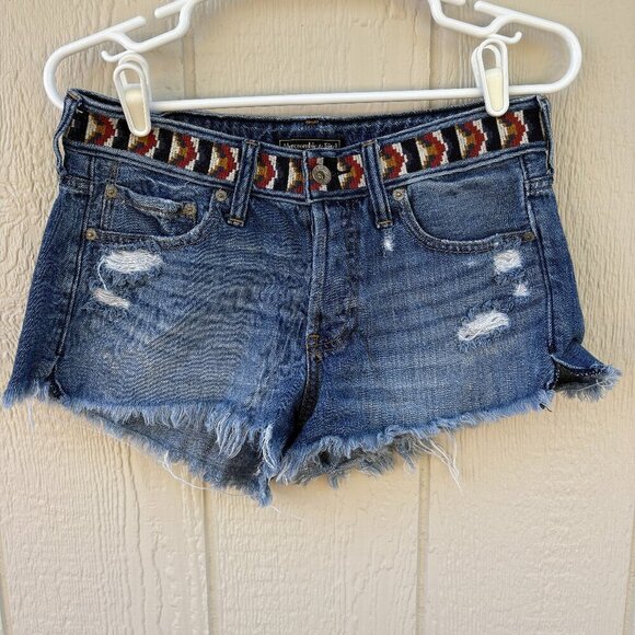 Abercrombie & Fitch Denim Shorts Women's 27 Blue Western Embroidered Distressed - Picture 1 of 12